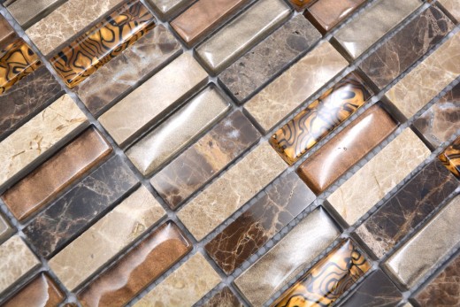 Tira de azulejos de mosaico de vidrio de mosaico de color beige marrón crema naranja piedra natural de mármol pared cocina cuarto de baño aseo - MOS87-1310