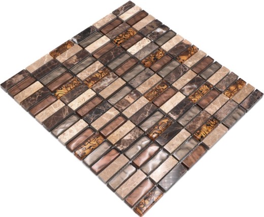Tira de azulejos de mosaico de vidrio de mosaico de color beige marrón crema naranja piedra natural de mármol pared cocina cuarto de baño aseo - MOS87-1310