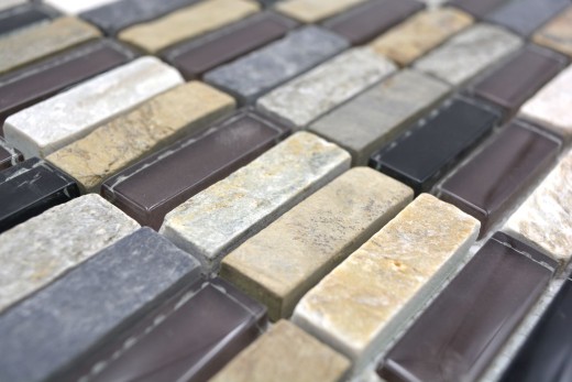 Rectángulo azulejos de mosaico de vidrio mosaico tiras beige marrón gris negro piedra natural azulejo backsplash pared baño cocina - MOS87-1313