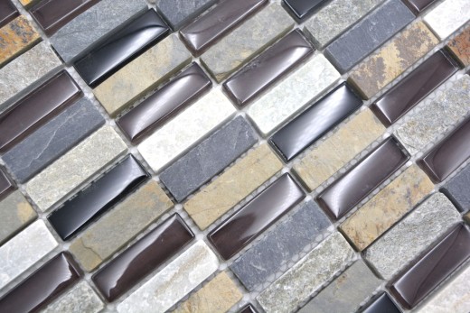 Rectángulo azulejos de mosaico de vidrio mosaico tiras beige marrón gris negro piedra natural azulejo backsplash pared baño cocina - MOS87-1313