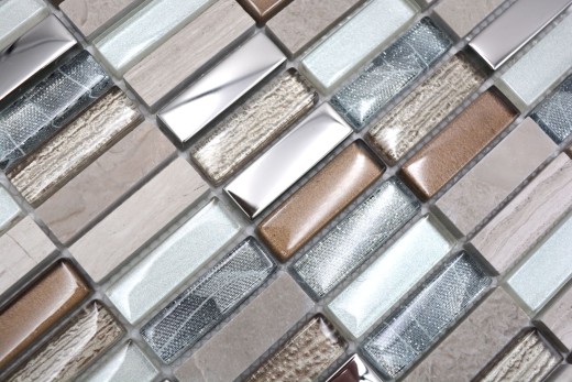 Rectángulo azulejos de mosaico de vidrio varillas de mosaico de color marrón claro gris plata piedra natural mármol azulejo backsplash pared de la cocina - MOS87-SM68
