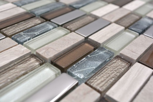 Rectángulo azulejos de mosaico de vidrio varillas de mosaico de color marrón claro gris plata piedra natural mármol azulejo backsplash pared de la cocina - MOS87-SM68