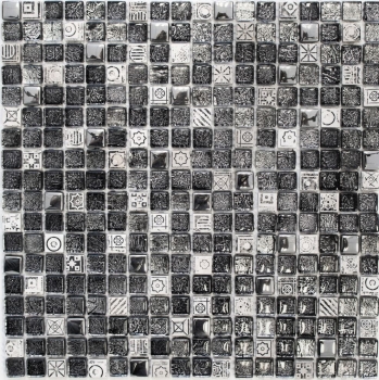 Muestra de mano mosaico azulejo espejo translúcido blanco plata negro vidrio mosaico Cristal piedra blanco plata negro estructura MOS92-Z02EU_m