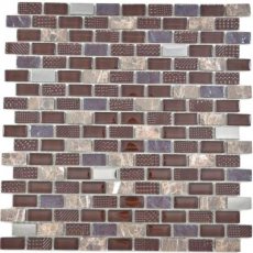 Muestra de mano mosaico de vidrio translúcido compuesto piedra acero marrón pared azulejo backsplash cocina baño MOS87-0013_m