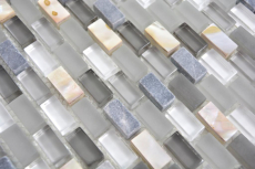 Muestra de mano mosaico de vidrio translúcido compuesto piedra concha gris mosaico azulejo pared azulejo backsplash cocina baño MOS86-0002_m