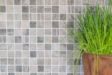 Mosaico de vidrio sostenible revestimiento de pared textura de madera reciclada gris beige azulejo backsplash MOS63-324