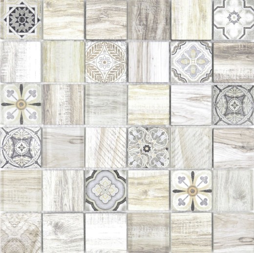 Mosaico azulejo patchwork crema marrón mosaico azulejo de pared espejo aspecto madera baño MOS160-w100