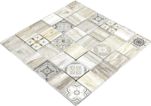 Mosaico azulejo patchwork crema marrón mosaico azulejo de pared espejo aspecto madera baño MOS160-w100
