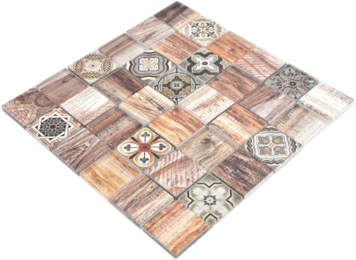 Mosaico de azulejos patchwork marrón beige marrone efecto madera salpicadero de cocina MOS160-w200