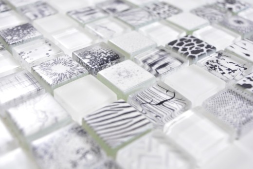 Azulejos de mosaico de mosaico de vidrio Arts and Crafts blanco negro patrón pared azulejo backsplash cocina ducha baño MOS74-0203