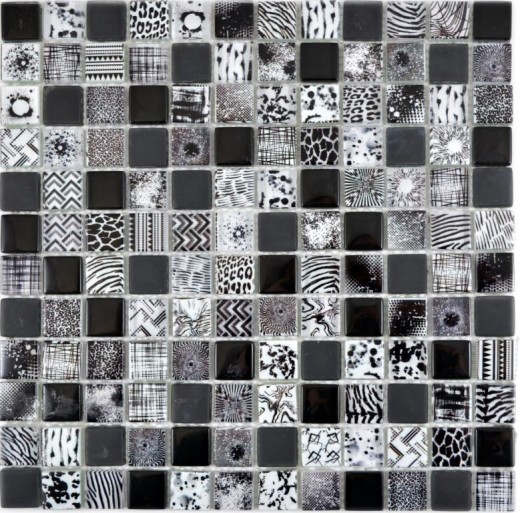 Azulejos de mosaico de mosaico de vidrio Arts and Crafts negro blanco iridiscente pared azulejo backsplash cocina ducha baño MOS74-0322
