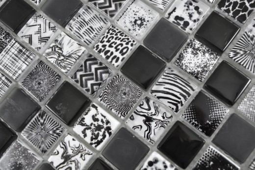 Azulejos de mosaico de mosaico de vidrio Arts and Crafts negro blanco iridiscente pared azulejo backsplash cocina ducha baño MOS74-0322