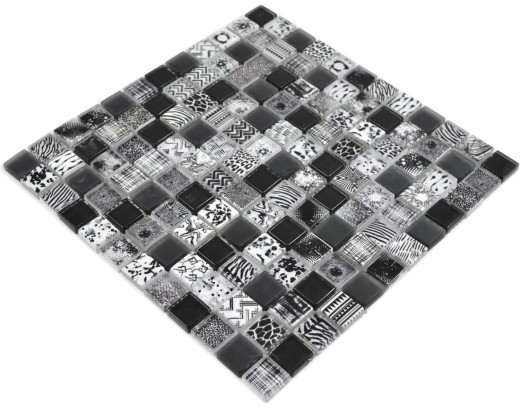 Azulejos de mosaico de mosaico de vidrio Arts and Crafts negro blanco iridiscente pared azulejo backsplash cocina ducha baño MOS74-0322