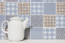 Muestra de mano retro vintage mosaico azulejo cerámica blanco azul naranja gris MOS22B-1404_m
