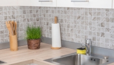 Muestra de mano mosaico azulejo aspecto piedra natural gris beige estructura azulejo backsplash MOS16-HWA4LG_m