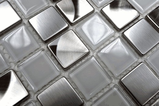 Muestra de mano mosaico azulejo translúcido acero inoxidable vidrio mosaico cristal acero blanco claro MOS129-0104_m