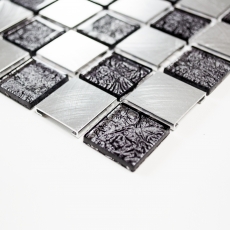 Muestra de mano mosaico azulejo aluminio translúcido cristal mosaico cristal aluminio damero negro plata MOS49-0302_m