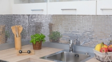 Muestra de mano mosaico azulejo acero inoxidable plata acero brillante azulejo backsplash cocina MOS129-15G_m