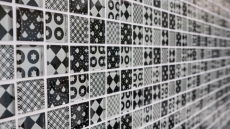 Muestra de mano retro vintage mosaico azulejo translúcido blanco vidrio mosaico cristal mirada negro MOS88-8OP5_m