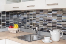 Muestra de mano mosaico azulejo translúcido compuesto acero inoxidable plata gris negro rectángulo vidrio mosaico Cristal Piedra artificial acero EP negro MOS87-58X_m