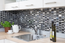 Muestras de mano mosaico azulejo translúcido acero inoxidable negro varillas vidrio mosaico cristal acero negro vidrio MOS87-0301_m