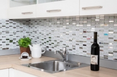 Muestra de mano mosaico azulejo translúcido acero inoxidable blanco varillas de vidrio mosaico Cristal acero blanco vidrio MOS87-0102_m