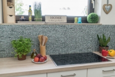 Muestra de mano mosaico azulejo Azulejo backsplash translúcido acero inoxidable verde gris compuesto mosaico de vidrio Cristal acero piedra verde gris MOS87-MV728_m