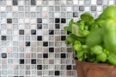 Muestra de mano mosaico azulejo Azulejo espejo translúcido acero inoxidable plata negro Mosaico de vidrio Cristal acero plata negro MOS92-0207_m