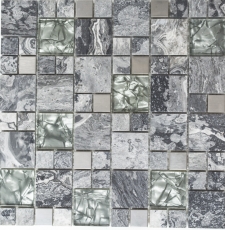 Muestra de mano mosaico azulejo azulejo backsplash translúcido acero inoxidable gris combinación vidrio mosaico cristal piedra acero gris MOS88-0204_m