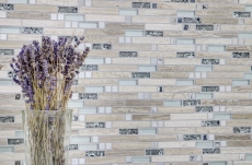 Muestra de mano mosaico azulejo azulejo backsplash translúcido acero inoxidable blanco madera compuesto vidrio mosaico cristal piedra acero madera blanco MOS86-0108_m