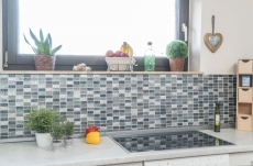 Muestra de mano mosaico azulejo espejo plata translúcido rectángulo vidrio mosaico cristal piedra retro plata MOS83-CRS2_m