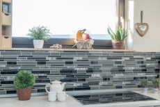 Muestra de mano mosaico azulejo azulejo backsplash translúcido gris negro compuesto mosaico de vidrio Crystal piedra gris negro MOS67-GV44_m