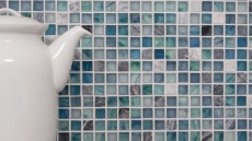 Muestra de mano mosaico azulejo Azulejo backsplash Translúcido verde azul Mosaico de vidrio Piedra de cristal Crema verde azul MOS92-XCR1501_m