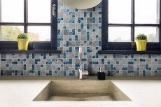 Muestra de mano mosaico azulejo azulejo backsplash gris translúcido combinación vidrio mosaico Crystal piedra gris azul MOS88-0404_m