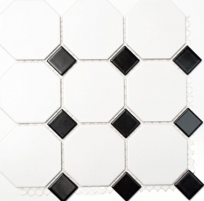 Mosaico de azulejos de cerámica octogonal blanco mate negro brillante azulejo backsplash MOSOcta-190_f | 10 esteras de mosaico