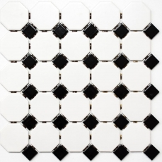 Mosaico de azulejos de cerámica octágono blanco mate negro brillante azulejo backsplash MOS13-OctaG468_f | 10 esteras de mosaico