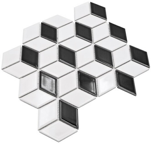 Mosaico de azulejos de cerámica 3D cubo blanco negro brillante azulejos de la pared azulejos de baño MOS13-OV01_f | 10 esteras de mosaico