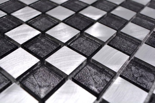 Panel trasero mosaico aluminio vidrio mosaico aluminio damero negro plata MOS49-0302_8mm_f