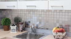 Mosaico splashback acero inoxidable plata acero cepillado pared de la cocina MOS129-48D_f