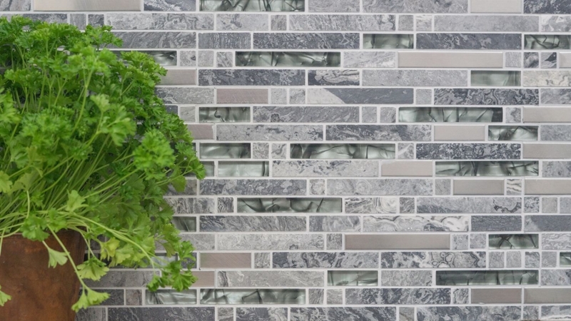 Mosaico de azulejos translúcidos de acero inoxidable gris compuesto de mosaico de vidrio Crystal piedra de acero gris MOS87-MV778_f
