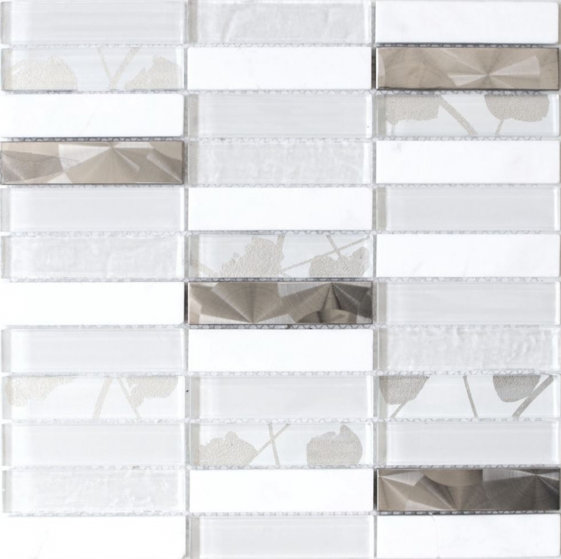 Mosaico de azulejos de acero inoxidable translúcido blanco rectángulo de cristal de mosaico de piedra de acero blanco MOS87-11X_f