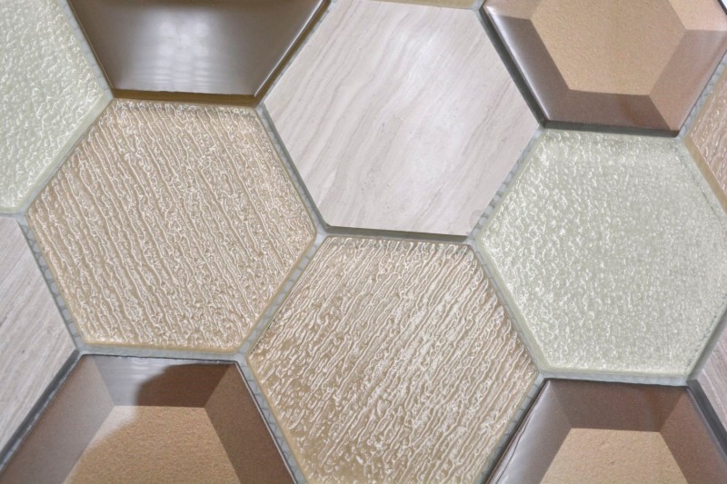 Azulejo mosaico Translúcido beige Hexágono mosaico de vidrio Piedra de cristal 3D beige MOS11E-77_f