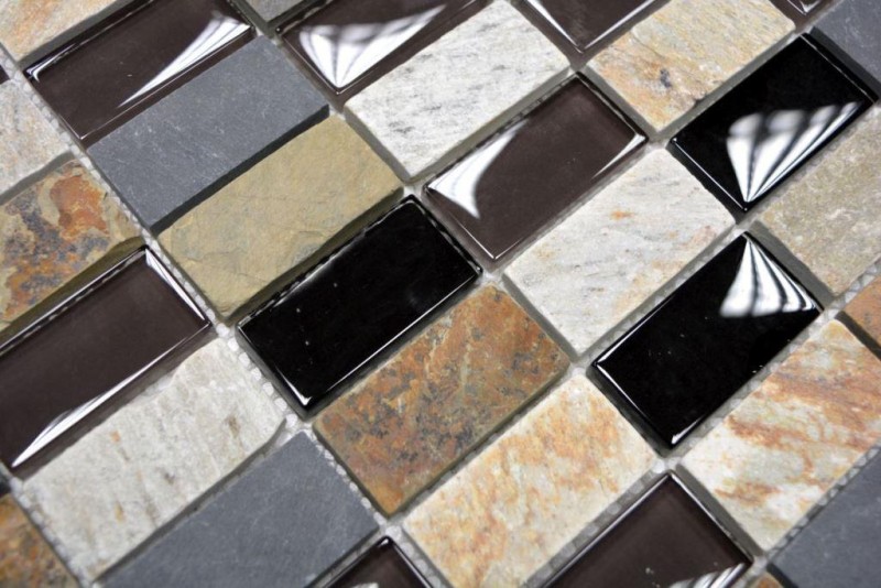 Mosaico de azulejos translúcido beige marrón gris negro rectángulo de mosaico de vidrio Piedra de cristal MOS87-1312_f
