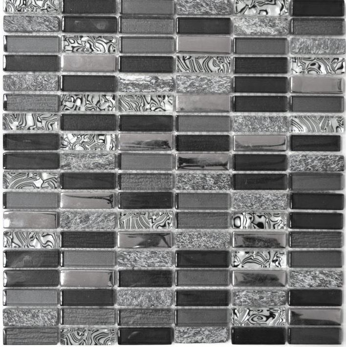 Mosaico de azulejos de cocina splashback translúcido plata gris negro rectángulo de vidrio de mosaico de piedra de cristal negro MOS87-SM88_f