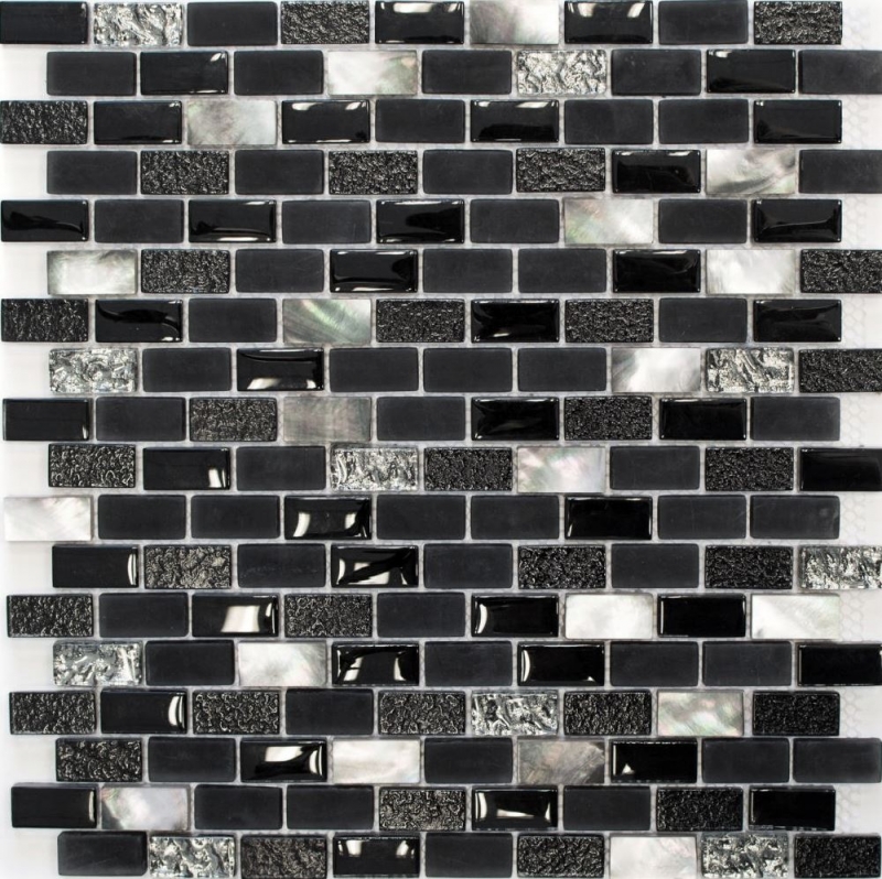 Mosaico de azulejos de cocina splashback translúcido negro ladrillo de vidrio de mosaico de cristal de piedra concha negro MOS87-B03S_f