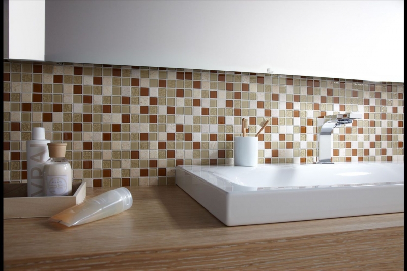 Mosaico de azulejos de cocina splashback beige mosaico de vidrio de piedra MOS62-1204-GN_f