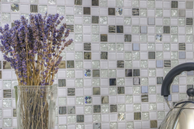 Mosaico de azulejos de cocina splashback autoadhesiva de acero inoxidable de vidrio blanco de mosaico de acero de vidrio blanco MOS200-4CM24_f