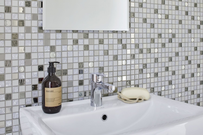 Mosaico de azulejos de cocina splashback autoadhesiva de acero inoxidable de vidrio blanco de mosaico de acero de vidrio blanco MOS200-4CM24_f