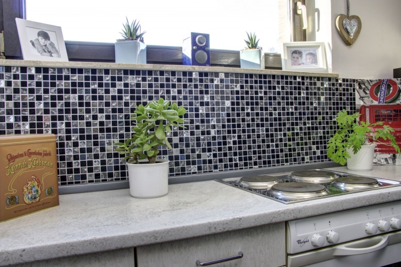 Mosaico de azulejos de cocina splashback autoadhesiva de acero inoxidable de vidrio negro de mosaico de acero de vidrio negro MOS200-4CM26_f