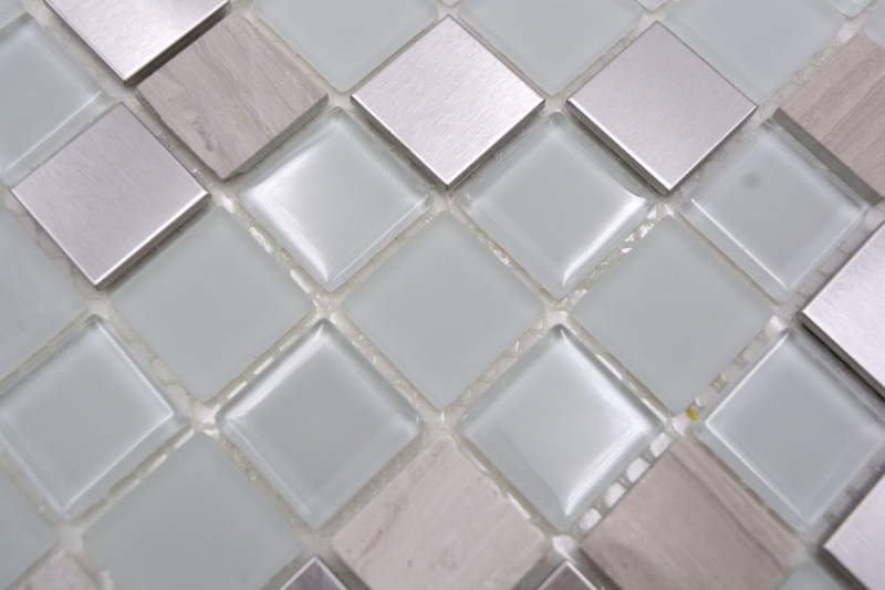 Mosaico de azulejos de cocina splashback autoadhesiva de piedra de acero inoxidable de vidrio blanco de mosaico de piedra de acero de vidrio blanco MOS200-4CM32_f